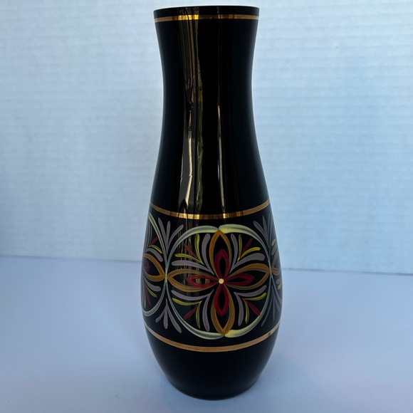 HYALITH Black Glass Vase Painted  Design Gold Bands 7.25 inches - Picture 5 of 10